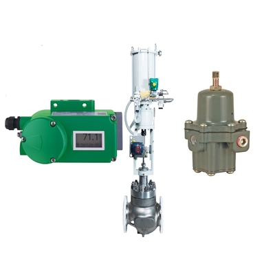 Válvula de controle de fluxo com posicionador de válvula Foxboro SRD998 e regulador de filtro Fisher 67CFR