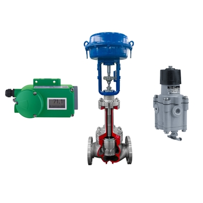 Válvula de controle de fluxo com posicionador de válvula Foxboro SRD998 e regulador de filtro Fisher 67CFR