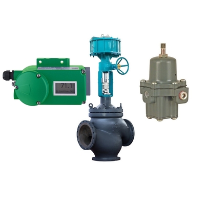 Válvula de controle de fluxo com posicionador de válvula Foxboro SRD998 e regulador de filtro Fisher 67CFR