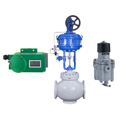 Válvula de controle de fluxo com posicionador de válvula Foxboro SRD998 e regulador de filtro Fisher 67CFR