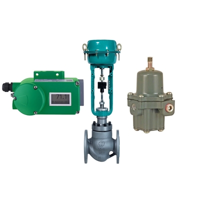 Válvula de controle de fluxo com posicionador de válvula Foxboro SRD998 e regulador de filtro Fisher 67CFR