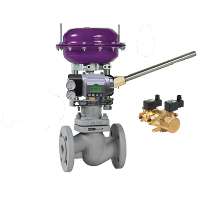 Válvula de controlo pneumática com posicionador Masoneilan SVI3 e válvulas de solenoide de latão ASCO série 210 para controlo