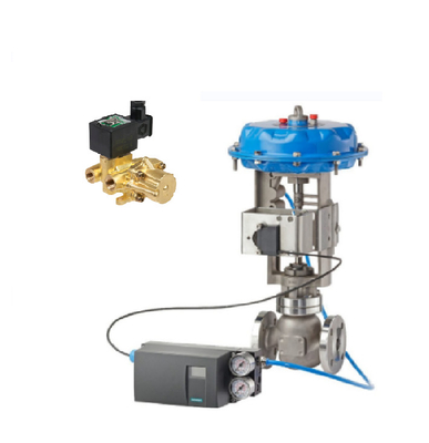 Válvula de controlo pneumática com posicionador Masoneilan SVI3 e válvulas de solenoide de latão ASCO série 210 para controlo