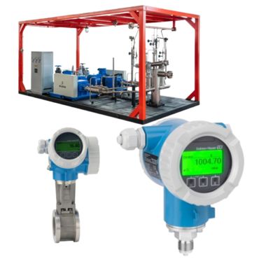 Skid de válvula de controle de fluxo com medidor de vazão vortex Endress+Hauser Proline Prowirl F 200 e transmissor de pressão digital Cerabar PMC71