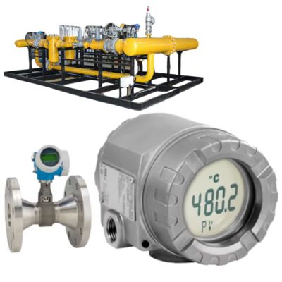 Dispositivo de controlo de pressão/fluxo com medidor de fluxo de vórtice Endress+Hauser Proline Prowirl D 200 e transmissor de temperatura ITEMP TMT188