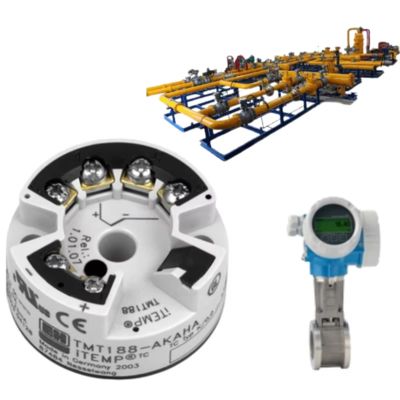 Dispositivo de controlo de pressão/fluxo com medidor de fluxo de vórtice Endress+Hauser Proline Prowirl D 200 e transmissor de temperatura ITEMP TMT188