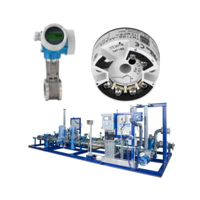 Dispositivo de controlo de pressão/fluxo com medidor de fluxo de vórtice Endress+Hauser Proline Prowirl D 200 e transmissor de temperatura ITEMP TMT188