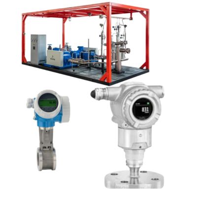 Conjunto de válvulas de controlo de caudal com medidor de caudal de vórtice Endress+Hauser Proline Prowirl D 200 e transmissor de pressão Cerabar PMP50