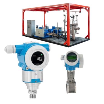 Conjunto de válvulas de controlo de caudal com medidor de caudal de vórtice Endress+Hauser Proline Prowirl D 200 e transmissor de pressão Cerabar PMP50