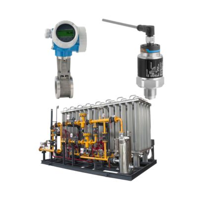 Unidade de controlo de pressão/fluxo com medidor de fluxo de vórtice Endress+Hauser Proline Prowirl D 200 e transmissor de pressão Cerabar PMC11