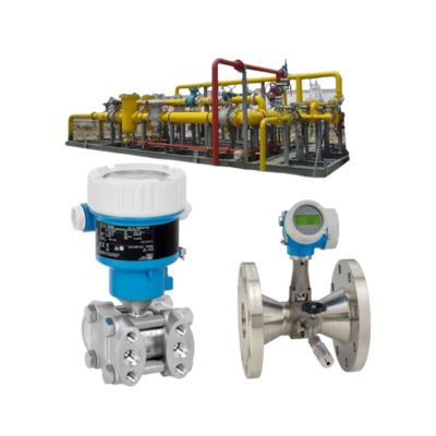 Equipamento de válvula de controlo de caudal com medidor de caudal de vórtice Endress+Hauser Proline Prowirl R 200 e transmissor de pressão Deltabar PMD55B.