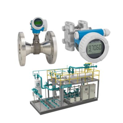 Equipamento de válvula de controlo de caudal com medidor de caudal de vórtice Endress+Hauser Proline Prowirl R 200 e transmissor de pressão Deltabar PMD55B.