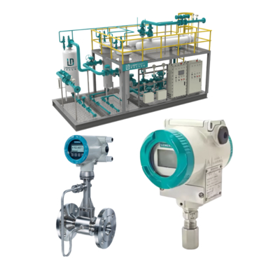 Transmissor de pressão Siemens SITRANS P320 7MF0300, medidor de vazão vortex SITRANS FX330 e manifold de válvula de controle de vazão