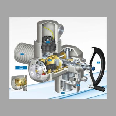 Válvula de esfera motorizada com caixa de engrenagens de rotação parcial AUMA GS e atuador elétrico universal modular multi-voltas SA.
