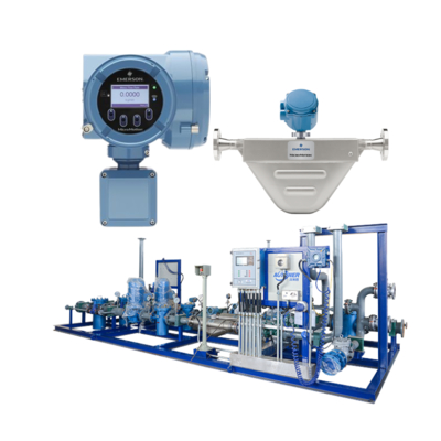 Skid de válvula de gás natural equipado com um medidor de vazão Coriolis Micro Motion F100A e um transmissor 5700 instalado em campo.