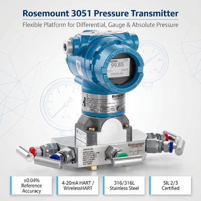 Transmissor de pressão inteligente Rose-mount 3051 com aço inoxidável 316L 4-20 mA DC / HART e ±0,04% de precisão de amplitude