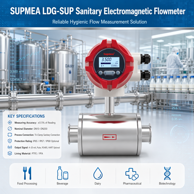 Supmea LDG-SUP LDG-SUP-A100 Medidor de fluxo eletromagnético higiénico Medidor de fluxo de líquido condutor de processos farmacêuticos