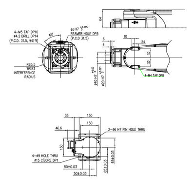 A carga útil 4Kg de 6 linhas centrais alcança o conjunto da precisão HH4 alta de 58mm que segura o braço de embalagem do robô industrial