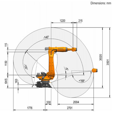 A carga útil 275kg da linha central do KR 210 R2700-2 F 6 alcança o assoalho de 2701mm que monta segurando o robô