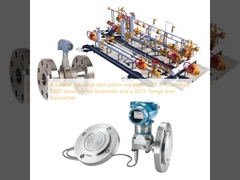 Um sistema de deslizamento de válvulas de gás natural equipado com um medidor de caudal de vórtice da série 8800 Rosemount e um transmissor de nível de flange de 3051L.